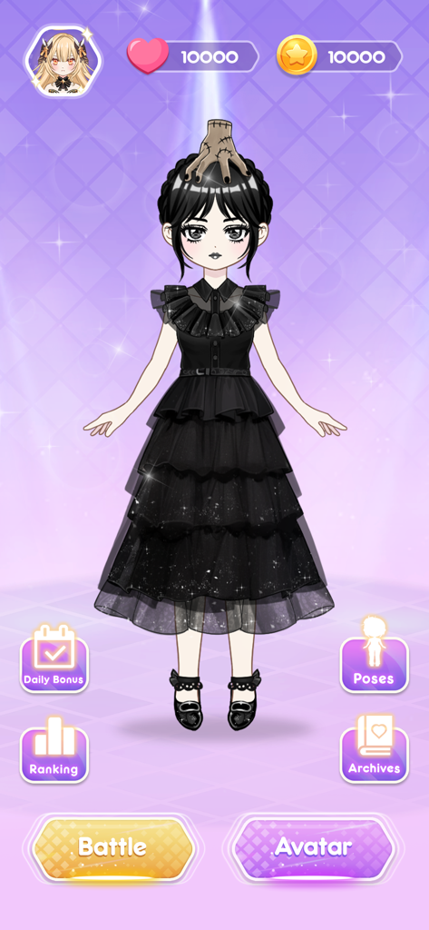Anime Dress Up - Doll Dress Up - A gothic anime girl character in a black tiered dress with a severed hand accessory on her head