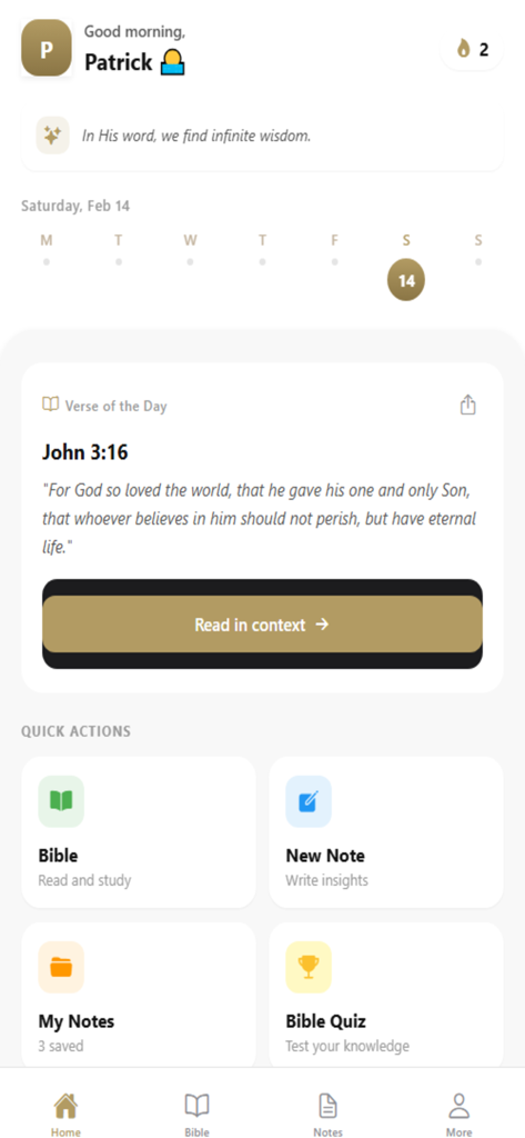 Holy Bible - Bible Offline - The home screen of the Holy Bible Offline app featuring the daily verse John 3:16 and quick access study tools