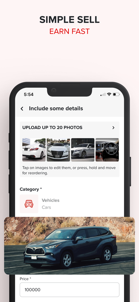 dubizzle Oman - OLX Oman - A mobile app screen for dubizzle Oman showing the listing process for selling a car with photo uploads and price entry.
