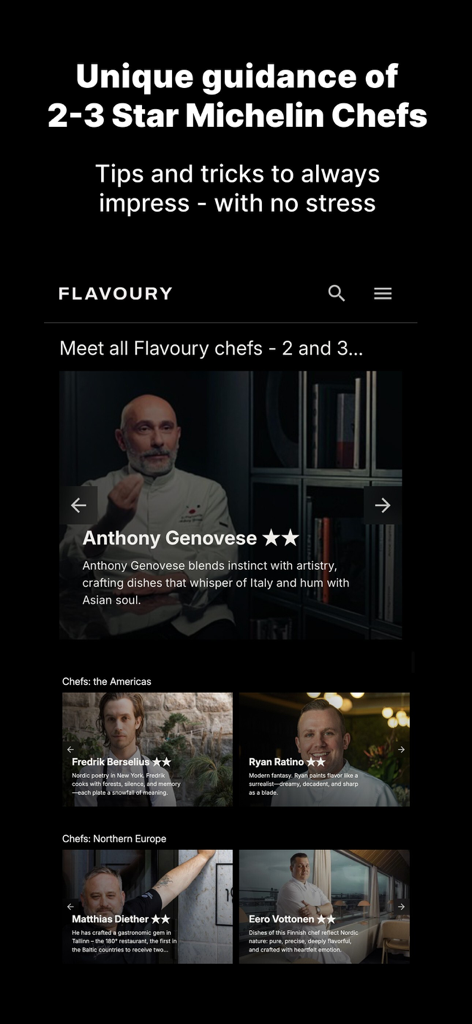 Flavoury.com - Interfaz de la aplicación Flavoury mostrando un directorio de chefs Michelin de 2 y 3 estrellas que brindan orientación culinaria profesional