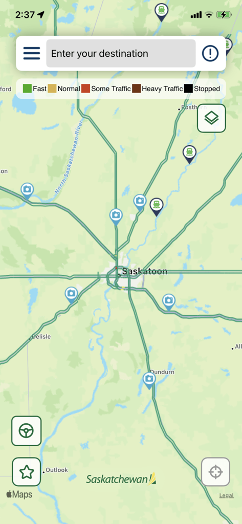 Map view of the Saskatchewan Highway Hotline app displaying traffic conditions and road cameras around Saskatoon.