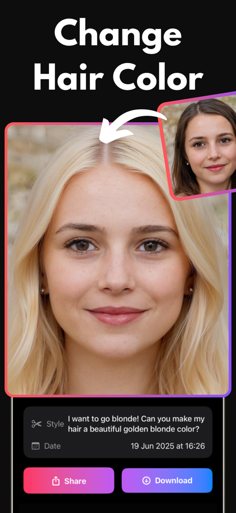 Hairstyle Try On - Haircut AI - Interfaz de la aplicación Prueba de Peinados con IA mostrando un cambio de color de cabello realista de moreno a rubio dorado