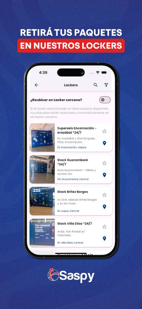 Saspy Express app screen showing a list of 24 hour locker locations for package pickup.