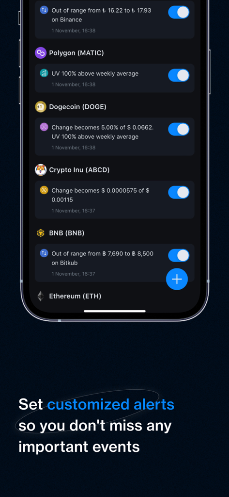 CryptoRank: Crypto Tracker App - CryptoRank app interface showing a list of customized cryptocurrency price and volume alerts for different tokens