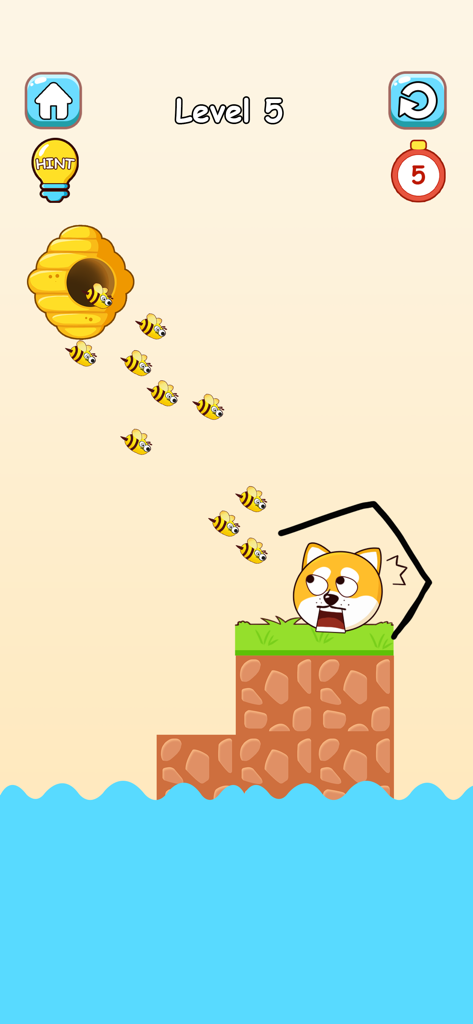 A mobile game screen showing a dog protected from attacking bees by a hand-drawn line on level 5