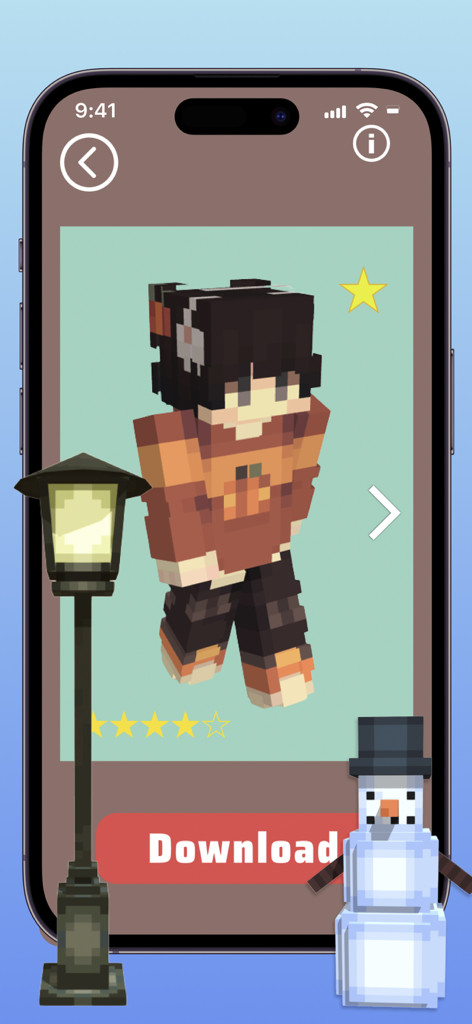 Addons and Ores for Minecraft - Interfaz de la aplicación móvil que muestra una skin de personaje personalizada para Minecraft con un botón de descarga