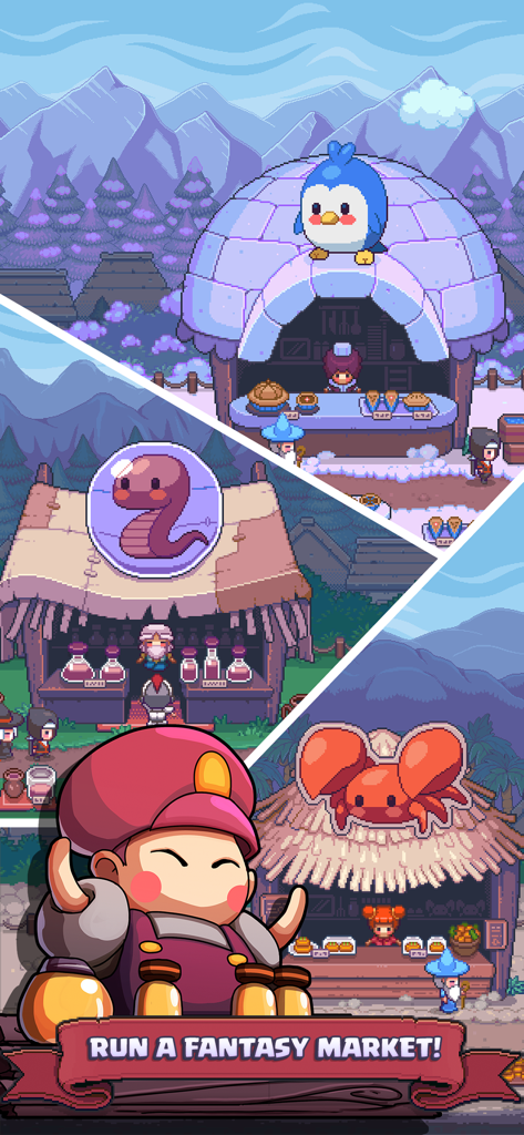 Match Land: Puzzle RPG - Pixel art fantasy market shops with animal mascots in Match Land