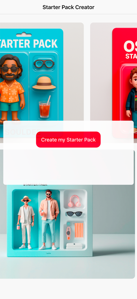 App home screen for Starter Pack AI Creator showing a create button and AI generated toy packaging memes
