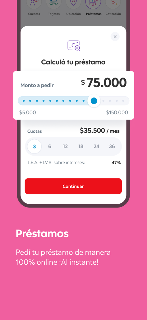 Scotia Movil mobile app screen showing the online loan application and calculator interface