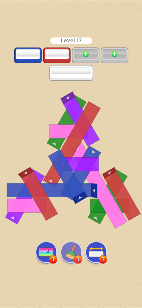 Untape - A puzzle level in Untape where players peel overlapping colorful tapes