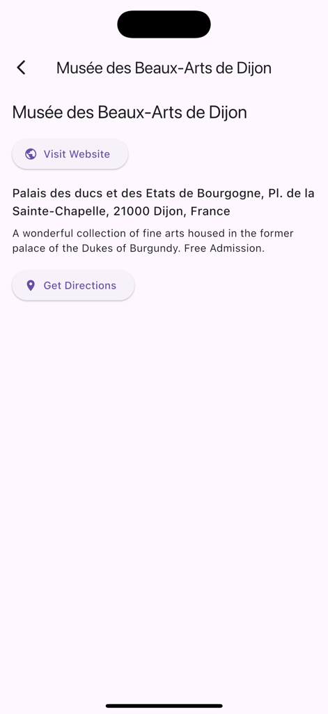 Dijon: The Owl's Trail - App screen showing information for the Musee des Beaux-Arts de Dijon including address and visit buttons