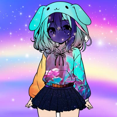pretty anime girl wearing a fluffy hoodie with bunny ears on the hood and a skirt