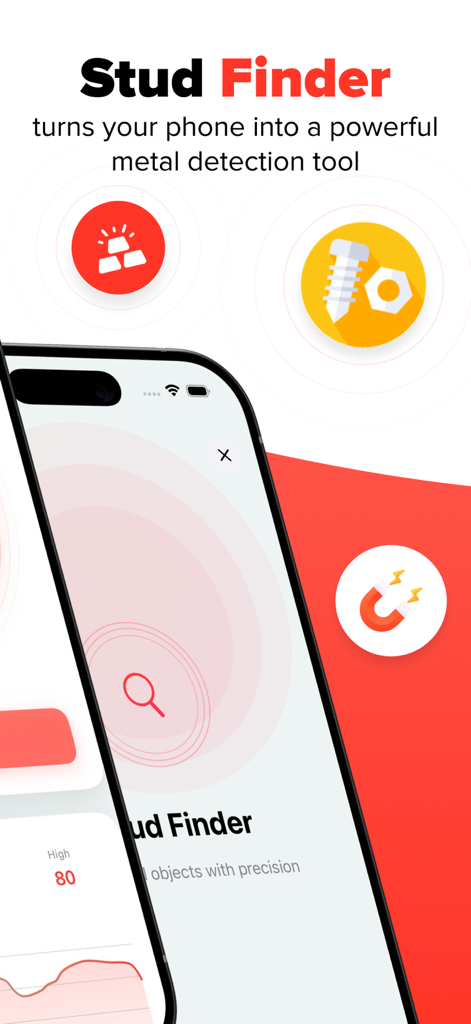 Smartphone screen showing the Stud Finder app interface for detecting metal in walls