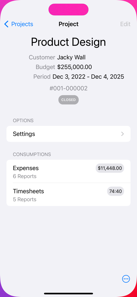 Expenses for Business - Projekt-Detailbildschirm mit Budget- und Ausgabenverfolgung für Geschäftsprojekte.