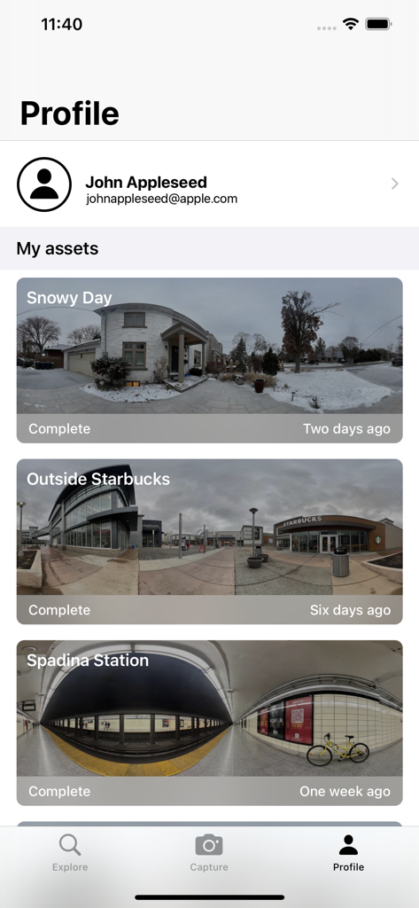 User profile screen in Teleport app showing a gallery of captured 360 degree panorama photos