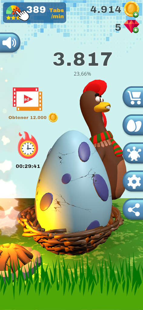 Crack Egg: Tap & Hatch Fun - Mobile game interface of Crack Egg showing a large blue spotted egg in a nest next to a chicken with game progress and currency counters