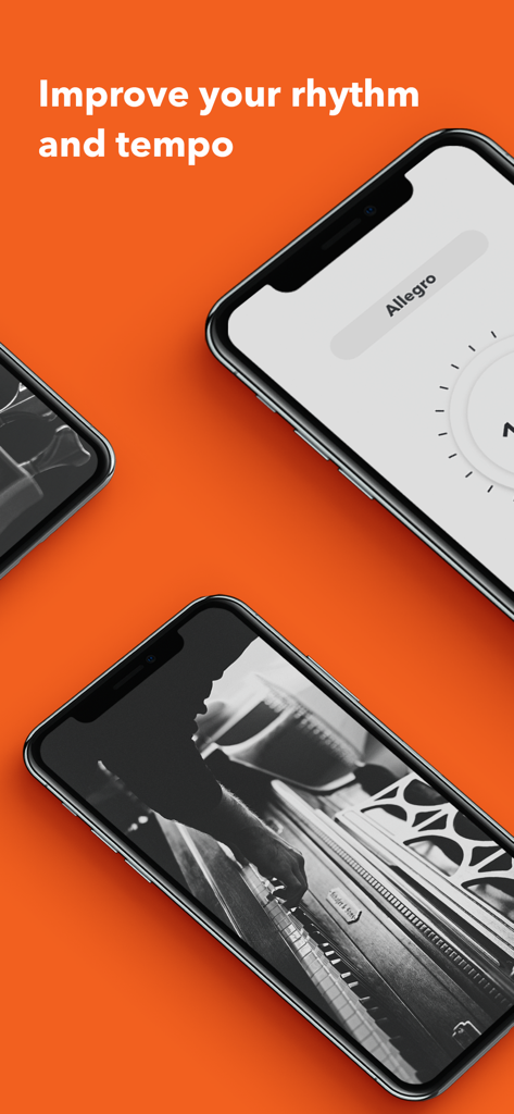 Metronome: Rhythm - Metronome Rhythm app on iPhone showing tempo controls and a piano player