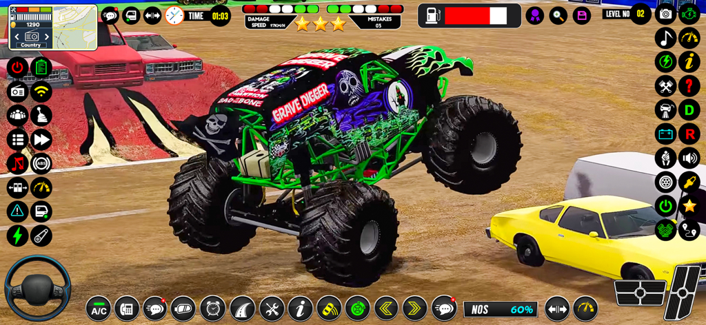 A green and black monster truck performing a wheelie stunt in a stadium arena with demolition cars