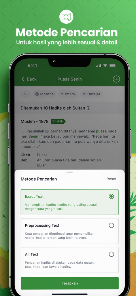 Hadith Encyclopedia - Search method selection screen in the Hadith Encyclopedia app showing options for exact text and preprocessing text in Indonesian