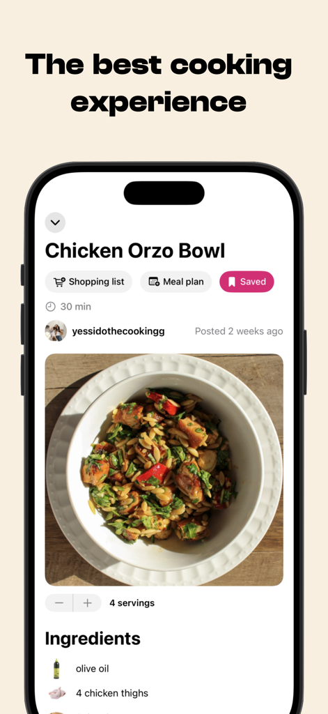 Uno schermo mobile che mostra l'app Provecho con una ricetta di "Chicken Orzo Bowl" (Ciotola di orzo con pollo) con pulsanti per la lista della spesa e la pianificazione dei pasti.