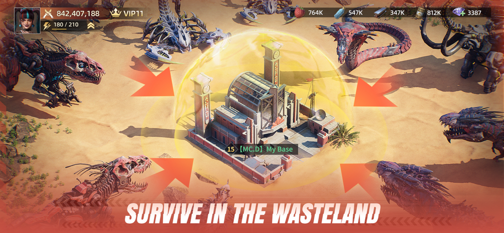 A fortified base protected by a energy shield surrounded by mechanical dinosaurs in a desert wasteland.