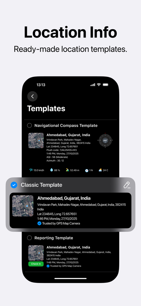 Interfaz de aplicación móvil que muestra plantillas de información de ubicación listas para usar para el etiquetado de fotos GPS