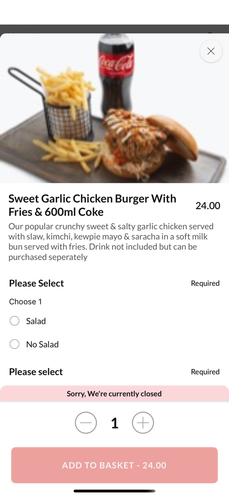 The Big Big Aloha - Mobile app ordering screen showing a Sweet Garlic Chicken Burger with fries and a bottle of Coke