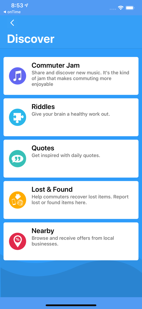 onTime : MNR - MetroNorth Rail - Discover screen of the onTime rail app displaying features like music, riddles, quotes, and lost and found for commuters.