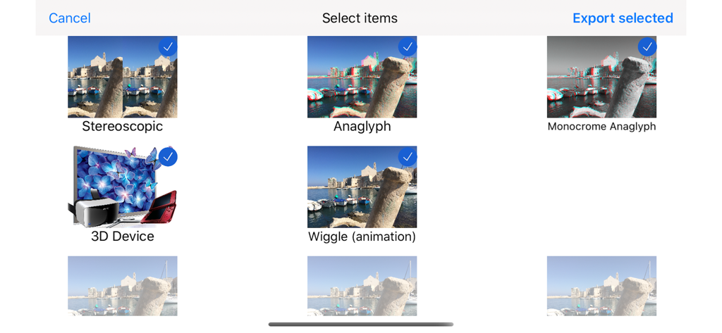 Camera 3D Pro - Selection screen for 3D export formats including Stereoscopic Anaglyph and Wigglegram animations