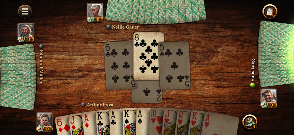 Hearts HD: Classic Card Game - Jugabilidad de Hearts HD mostrando una partida de cartas sobre una mesa de madera contra personajes héroes de fantasía.