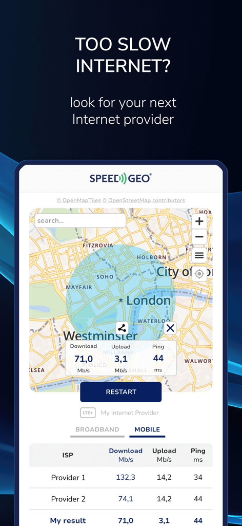 Speed Test by SPEEDGEO app interface displaying internet speed results on a map and comparing local internet service providers.