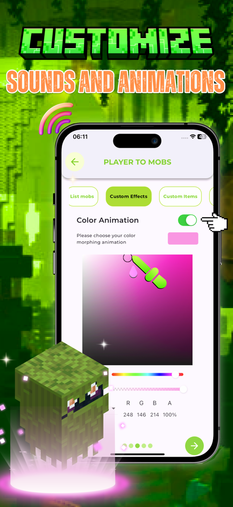 Morph Addons Maker for MCPE - A mobile interface for customizing color animations and special effects for Minecraft mobs in the Morph Addons Maker app.