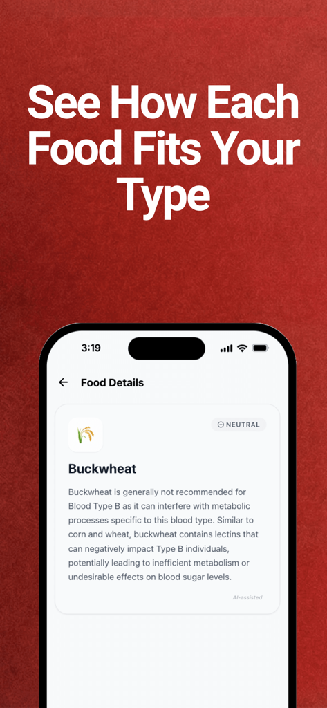 Blood Type Foods App - そばの実の食品詳細と血液型適合性を表示するモバイルアプリのインターフェース