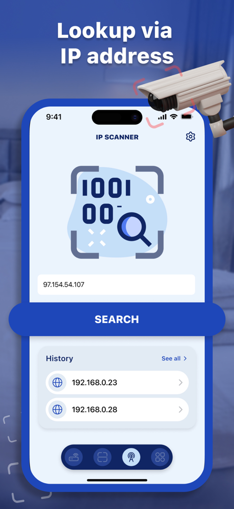 RF Bug Detector: Secret Detect - Interface of the RF Bug Detector app showing an IP scanner tool with a search field and lookup history