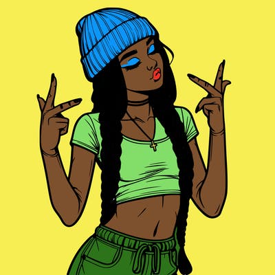 realistic teenage girl with braids and a beanie and crop top doing 🫶🏼