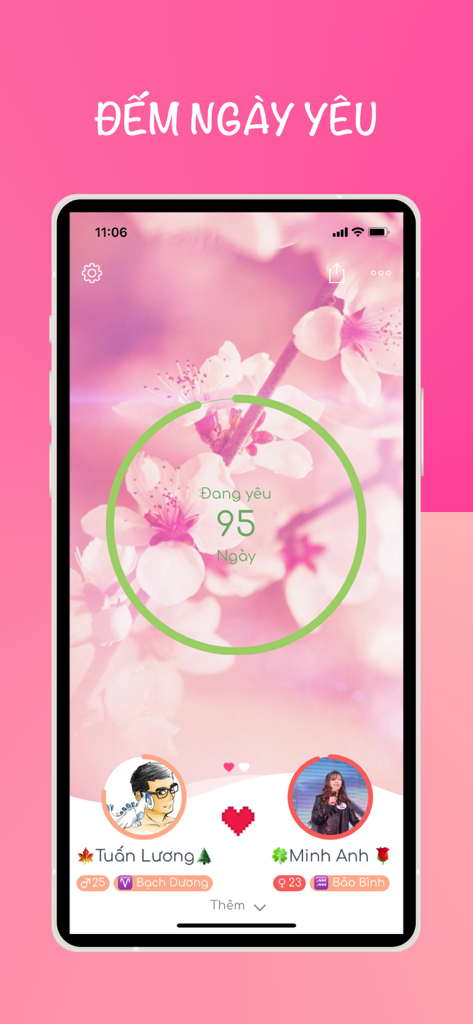 Interface of inlove app showing a relationship counter with 95 days and couple profiles