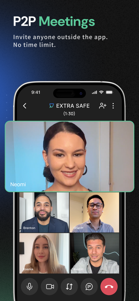 Tela de smartphone mostrando uma videochamada P2P segura com cinco pessoas no aplicativo EXTRA SAFE