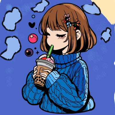 manga girl drinking boba in cozy sweater