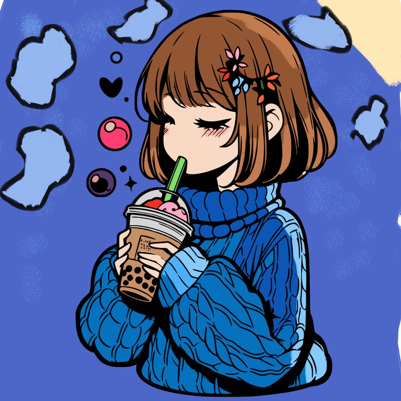 manga girl drinking boba in cozy sweater