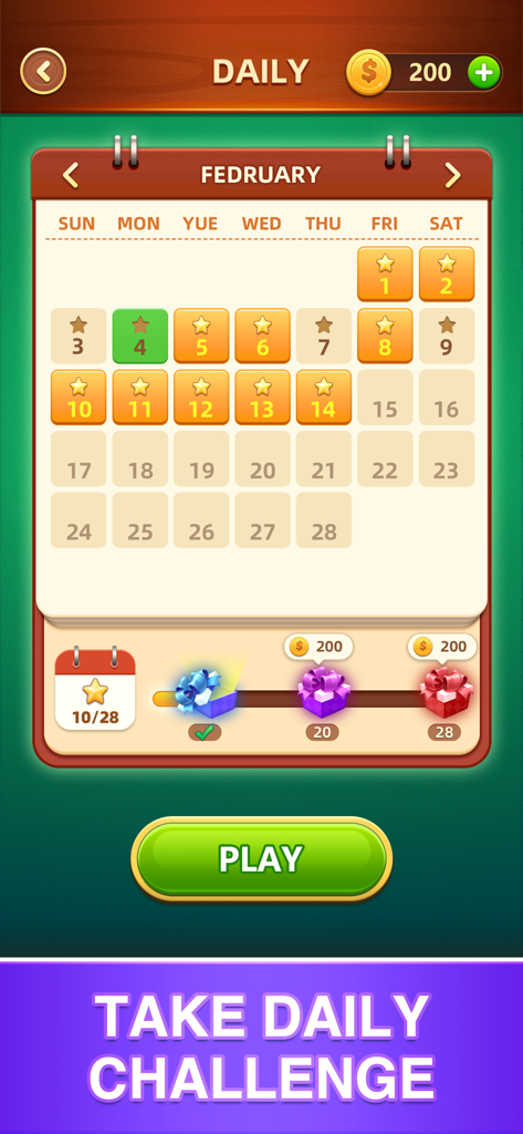 Word Fall 앱의 일일 보상 및 퍼즐 챌린지 캘린더 보기