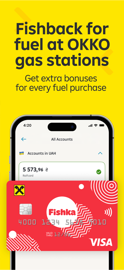 MyRaif mobile app interface showing a Fishka Visa card and fuel cashback rewards at OKKO gas stations