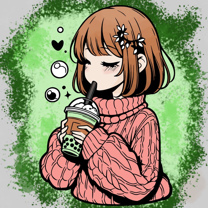 manga girl drinking boba in cozy sweater