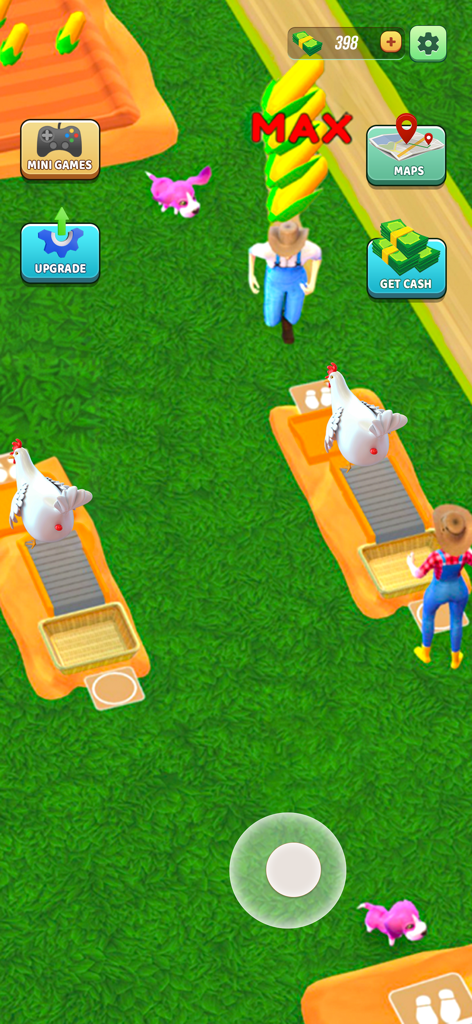 Farm Valley Farming Simulator - Top-down view of a farmer character carrying corn near chickens and pets on a green field