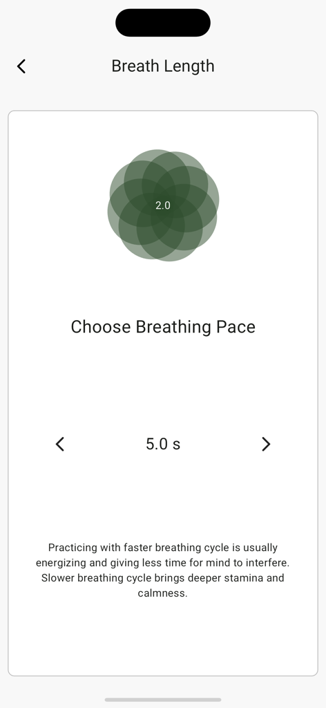 Ashtanga Yoga Home - Mobile app screen showing a custom breathing pace setting for Ashtanga Yoga practice