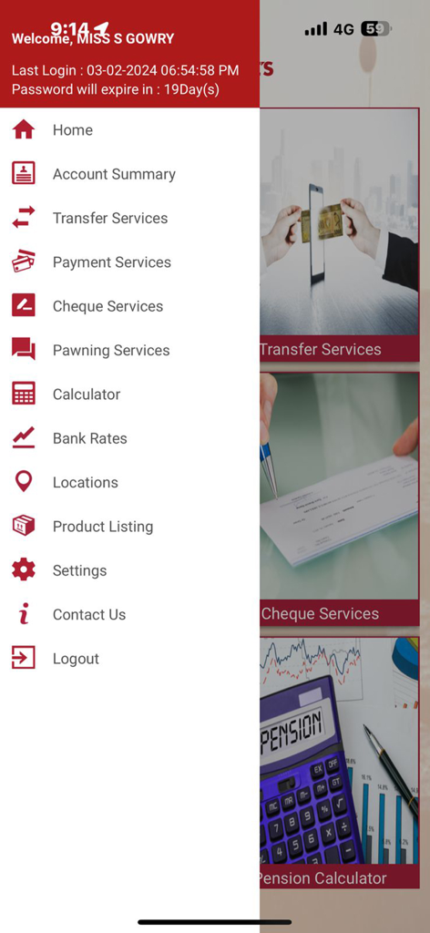 People’s Wave - Side navigation menu of the Peoples Wave mobile banking app displaying financial services and account settings