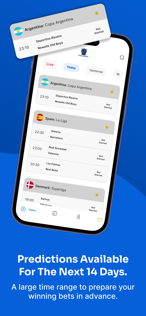 Predibets: Betting Predictions - Predibets app interface displaying upcoming soccer matches and 14-day betting predictions