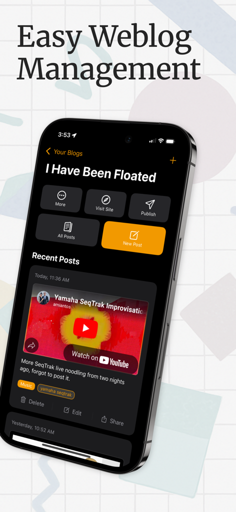 Interfaz de la aplicación Postalgic que muestra el panel de gestión de blogs con opciones para publicar, crear nuevas entradas y ver actividad reciente.