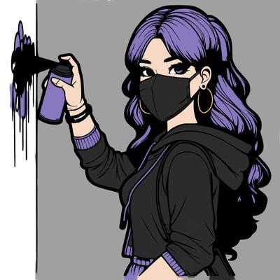 realistic girl with mask spray painting a wall