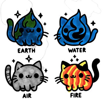 4 cats that represent the different elements, earth, water, air, and fire