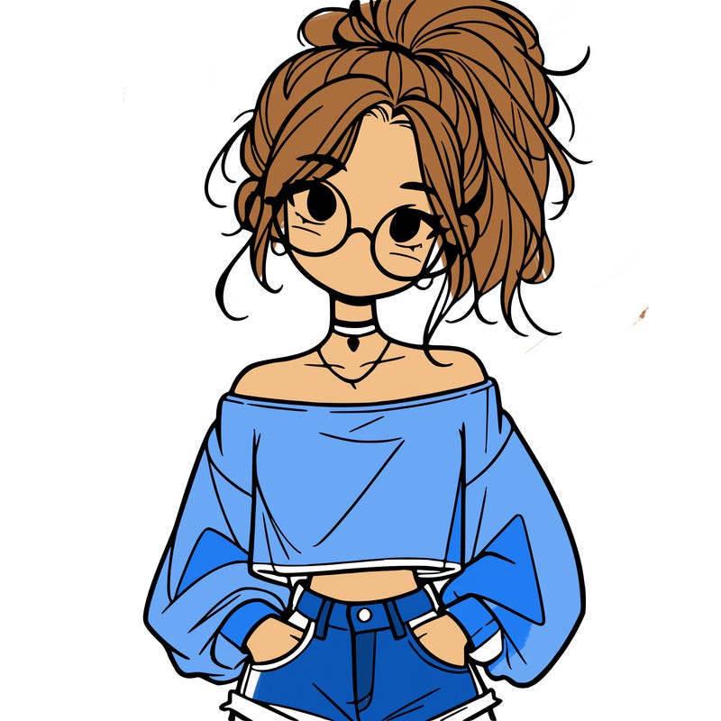 girl with a messy ponytail glasses a baggy crop top and jean shorts
